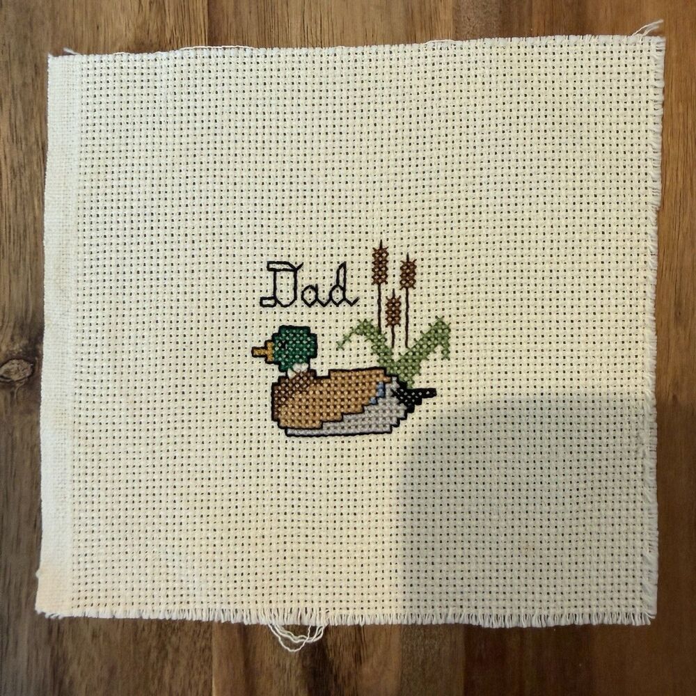 Finished Cross Stitch Mallard Drake Duck “Dad” 6x6ish Unframed